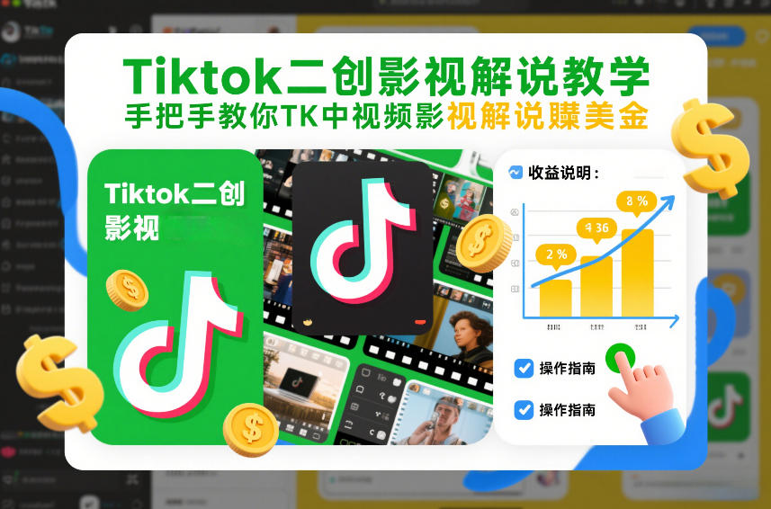 Tiktok二创影视解说教学，手把手教你TK中视频影视解说賺美金(更新26年1月)-网创商城