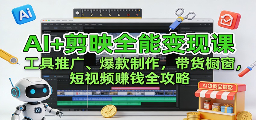AI+剪映全能变现课：工具推广、爆款制作、带货橱窗，短视频赚钱全攻略-网创商城