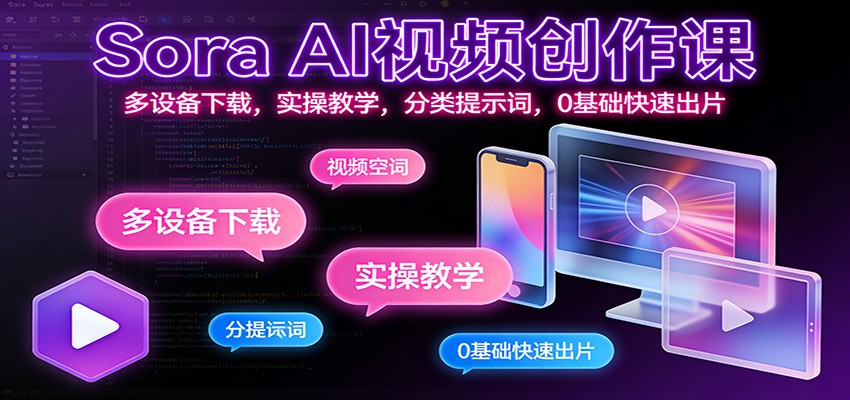 Sora AI视频创作课：多设备下载，实操教学，分类提示词，0基础快速出片-网创商城