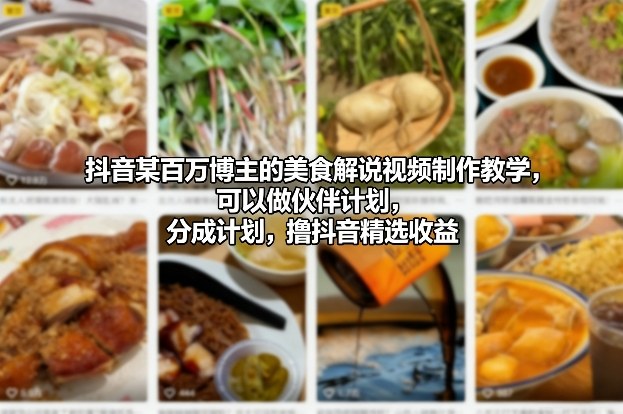 抖音某百万博主的美食解说视频制作教学，可以做伙伴计划，分成计划，撸抖音精选收益-网创商城