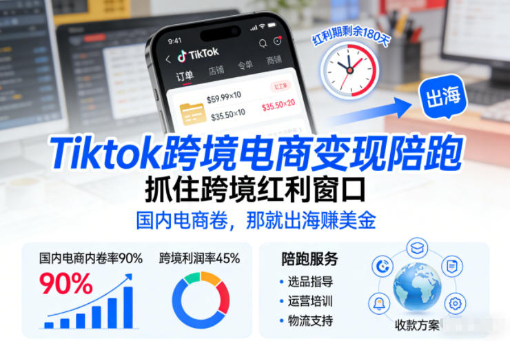Tiktok跨境电商变现陪跑，抓住跨境红利窗口，国内电商卷，那就出海賺美金-网创商城