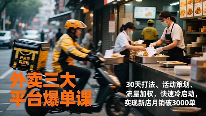 外卖三大平台爆单课，30天打法、活动策划、流量加权，快速冷启动，实现新店月销破3000单-网创商城
