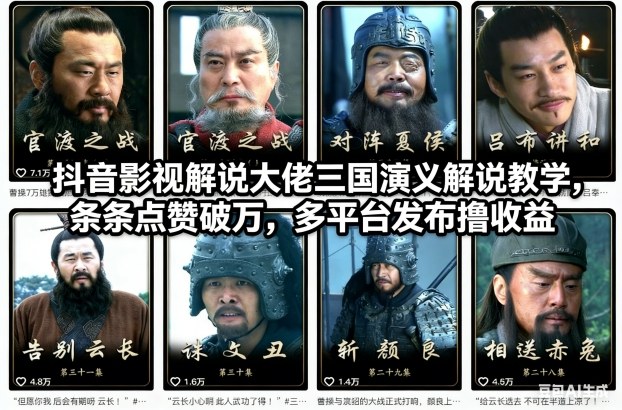 抖音影视解说大佬三国演义解说教学，条条点赞破万，多平台发布撸收益-网创商城