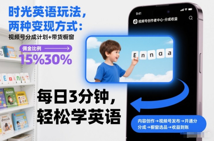 时光英语玩法，两种变现方式：视频号分成计划+带货橱窗-网创商城