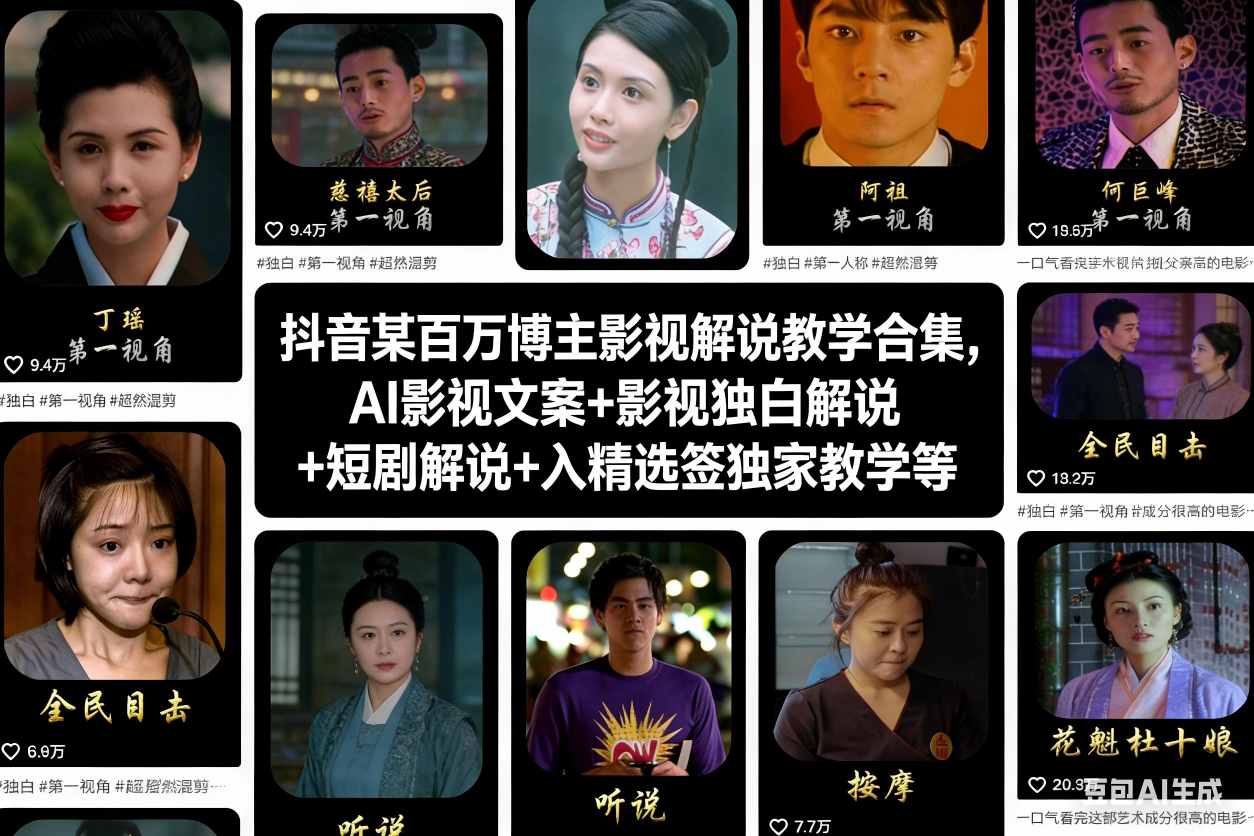 抖音某百万博主影视解说教学合集，AI影视文案+影视独白解说+短剧解说+入精选签独家教学等-网创商城