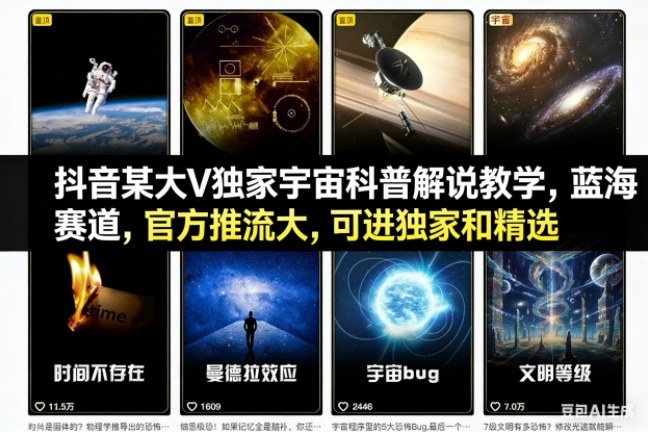 抖音某大V独家宇宙科普解说教学，蓝海赛道，官方推流大，可进独家和精选-网创商城