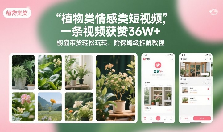 植物类情感类短视频，一条视频获赞36W+，橱窗带货轻松玩转，附保姆级拆解教程-网创商城