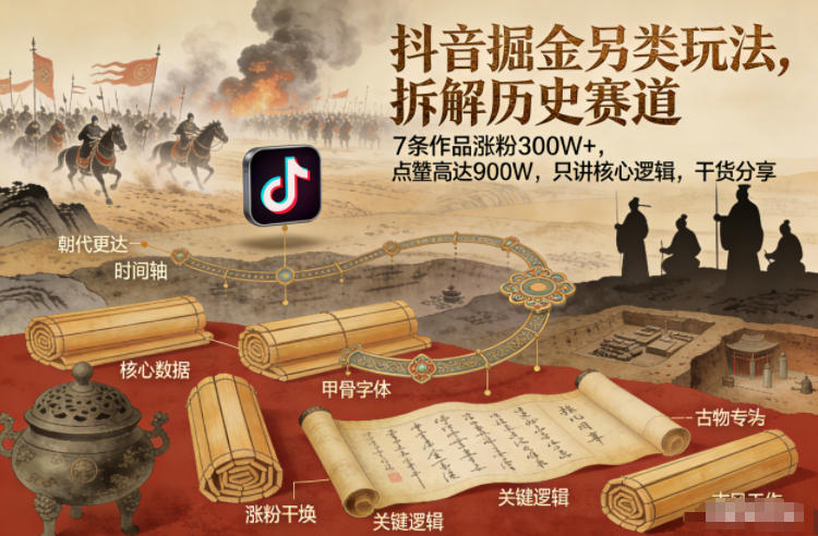 抖音掘金另类玩法，拆解历史赛道，7条作品涨粉300W+，点赞量高达900W，只讲核心逻辑，干货分享-网创商城