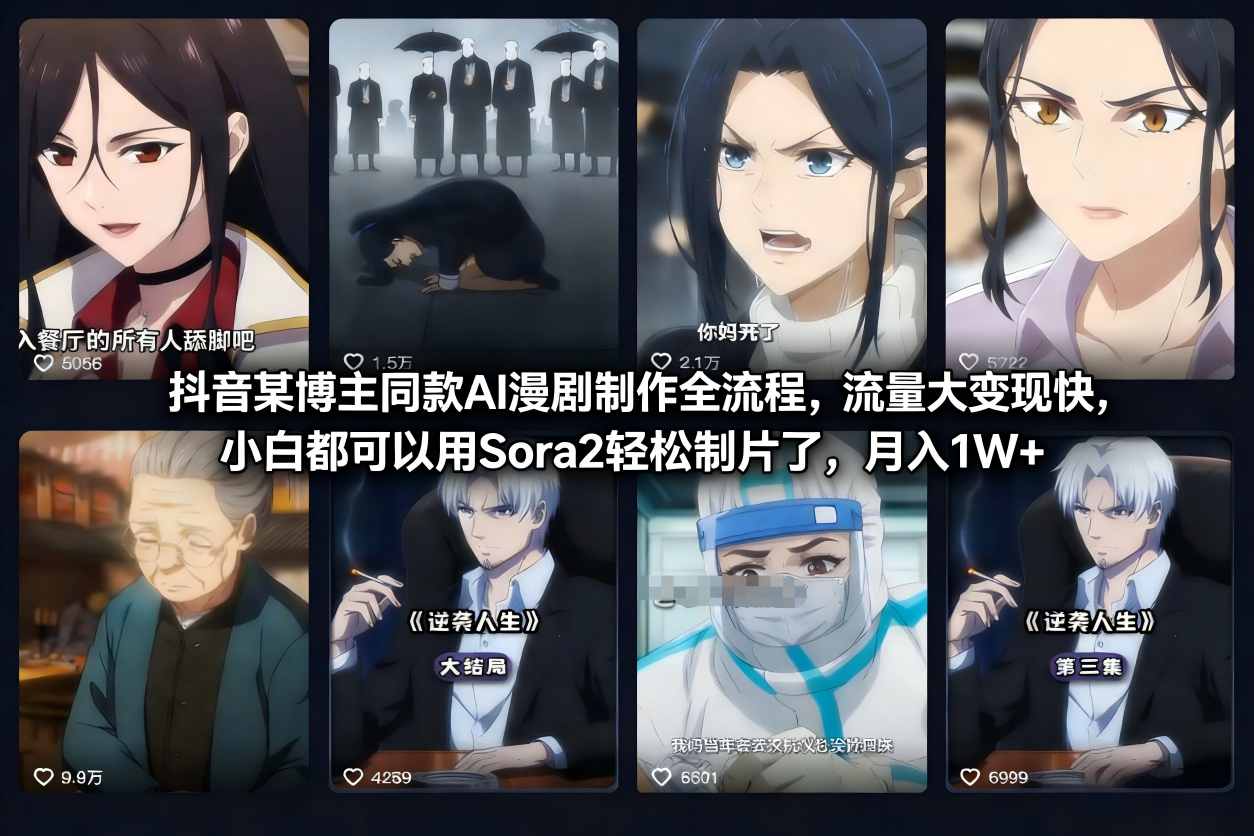 抖音某博主同款AI漫剧制作全流程，流量大变现快，小白都可以用Sora2轻松制片了，月入1W+-网创商城