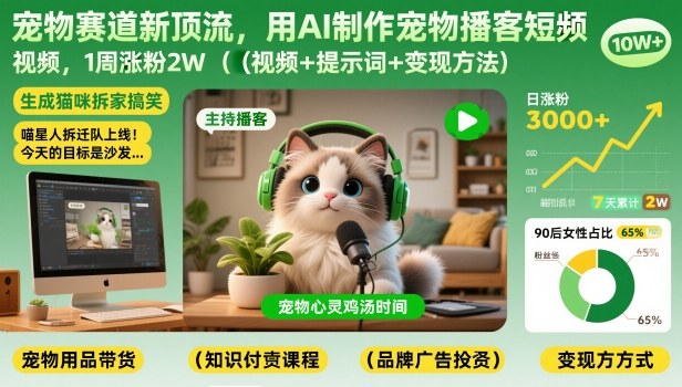 宠物赛道新顶流，用AI制作宠物播客短视频，1周涨粉2W(视频+提示词+变现方法)-网创商城