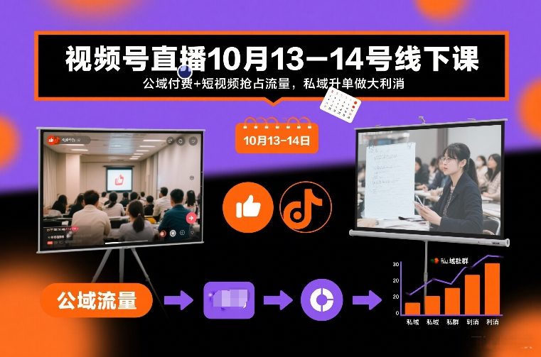 视频号直播10月13-14号线下课，公域付费+短视频抢占流量，私域升单做大利消-网创商城