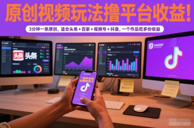 原创视频玩法撸平台收益，3分钟一条原创，适合头条+百家+视频号+抖音，一个作品吃多份收益-网创商城