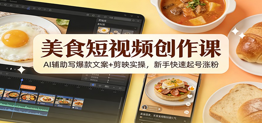 美食短视频创作课:AI辅助写爆款文案+剪映实操,新手快速起号涨粉-网创商城