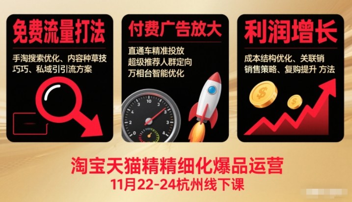 淘宝天猫精细化爆品运营11月22-24杭州线下课，免费流量打法+付费广告放大+利润增长(音频+文档)-网创商城