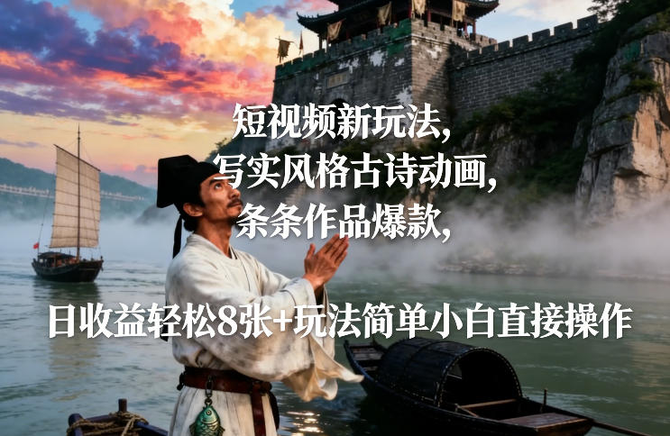 短视频新玩法，写实风格古诗动画，条条作品爆款，日收益轻松8张+玩法简单小白直接操作-网创商城