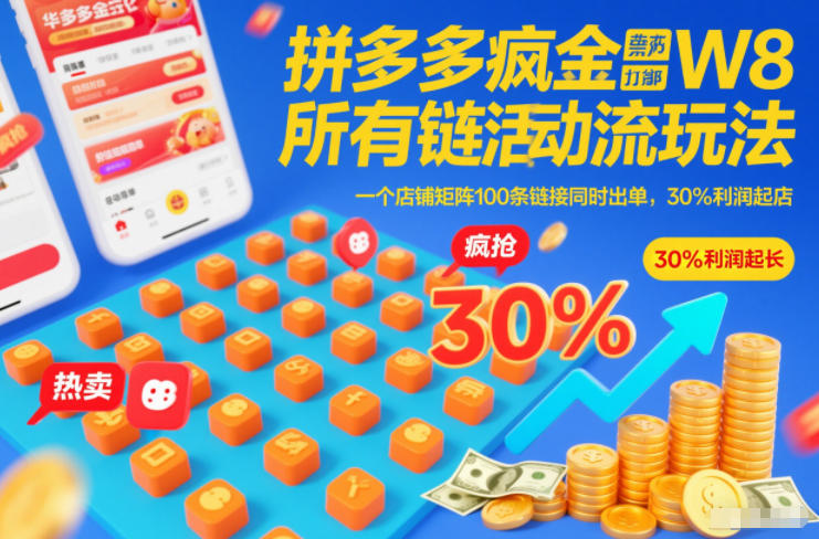 拼多多疯狂活动流玩法，所有链接全部打标，一个店铺矩阵100条链接同时出单，30%利润起店-网创商城