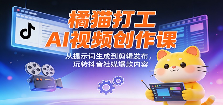 橘猫打工AI视频创作课：从提示词生成到剪辑发布，玩转抖音社媒爆款内容-网创商城