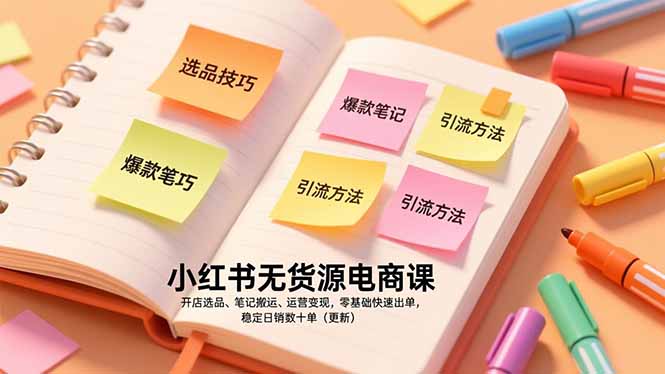 小红书无货源电商课，开店选品、笔记搬运、运营变现，零基础快速出单，稳定日销数十单(更新-网创商城