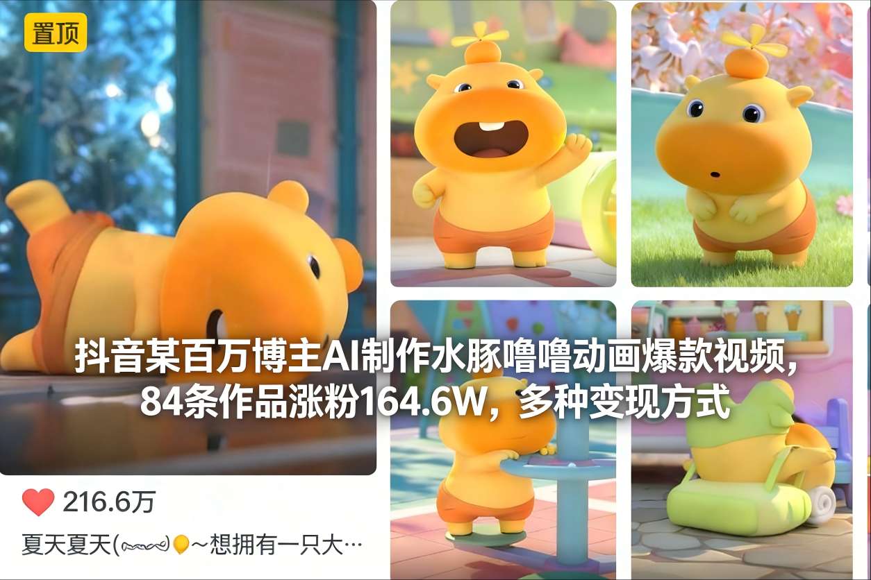 抖音某百万博主AI制作水豚噜噜动画爆款视频，84条作品涨粉164.6W，多种变现方式-网创商城